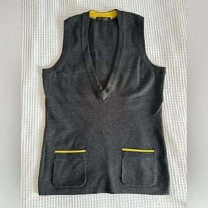 Gray Sleeveless V-Neck Cotton Sweater Vest with Pockets & Yellow Accents (S-M)